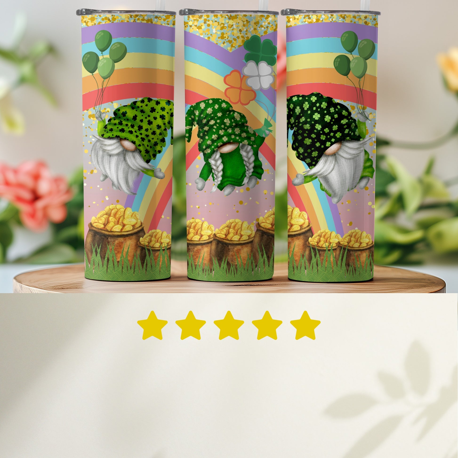 Rainbow Gnomes and Gold St. Patrick's Day Beverage Tumbler
