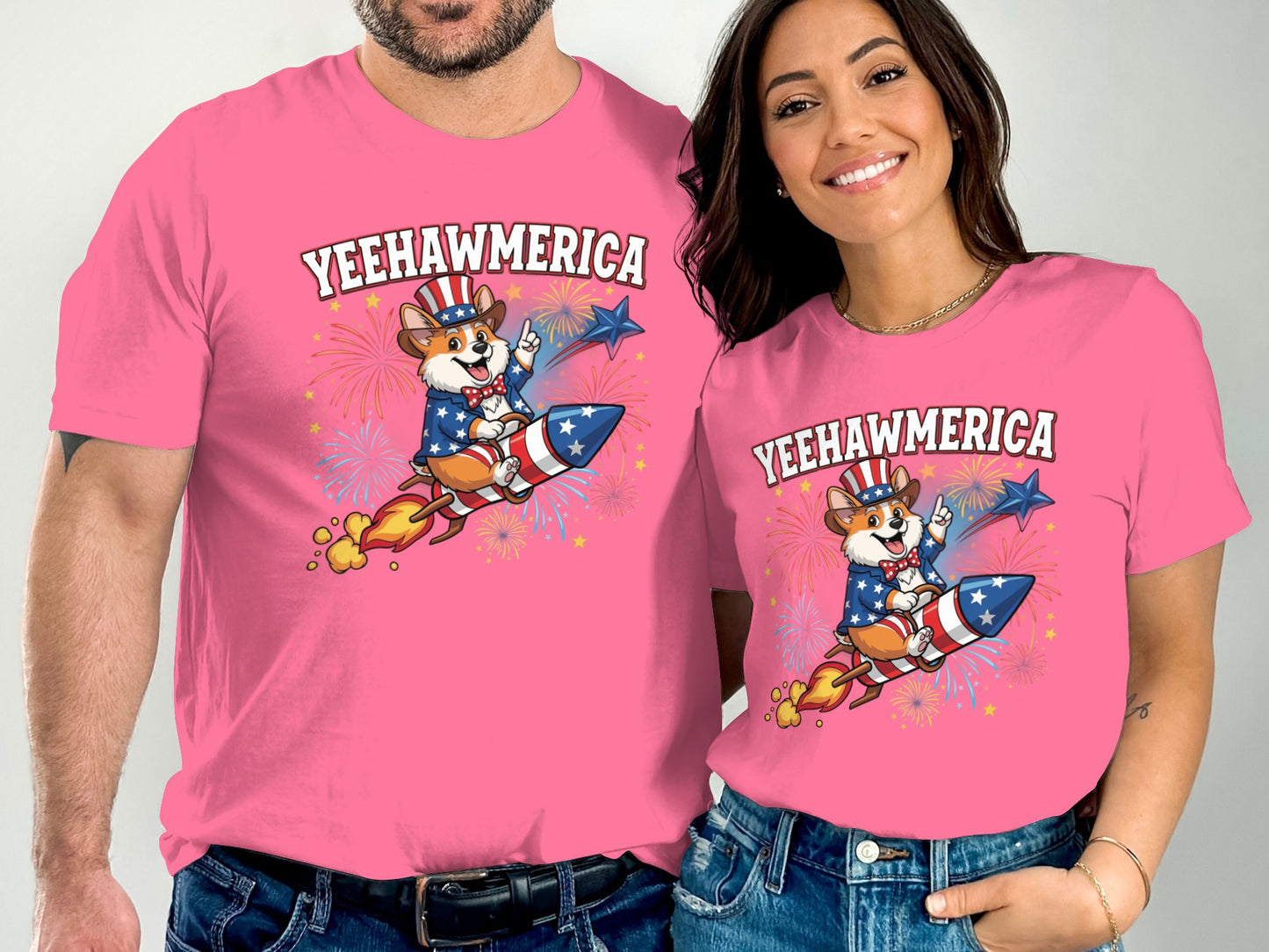 Two people wear pink t-shirts with "Yeehawmerica" and a patriotic corgi on a rocket.