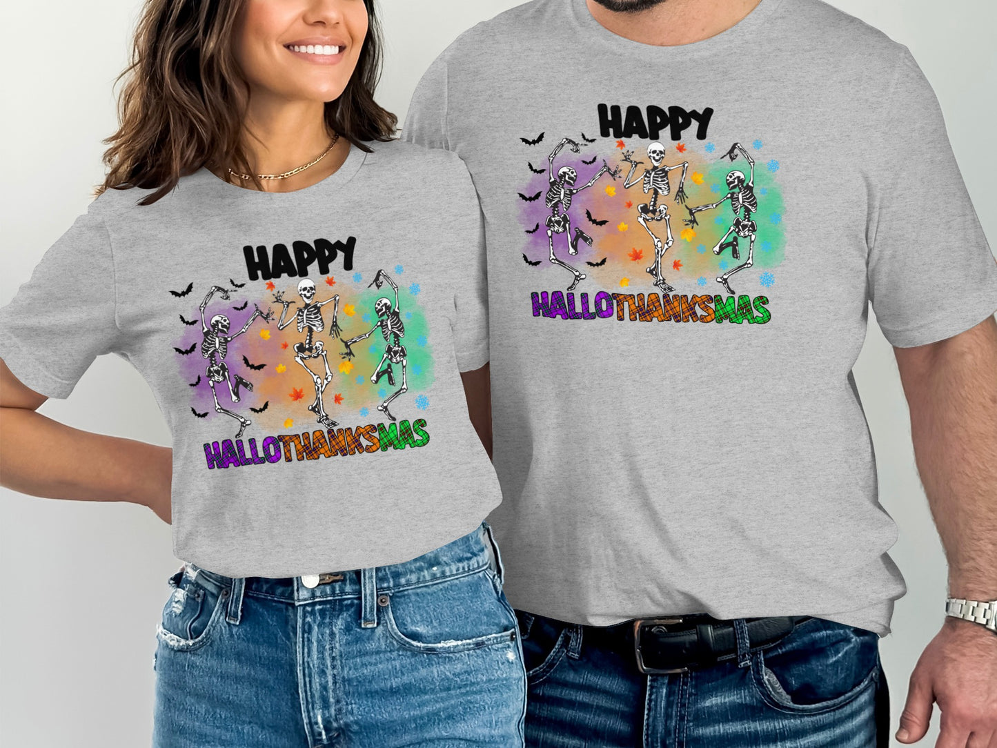 Happy Hallothanksmas Colorful Skeleton Design Shirt