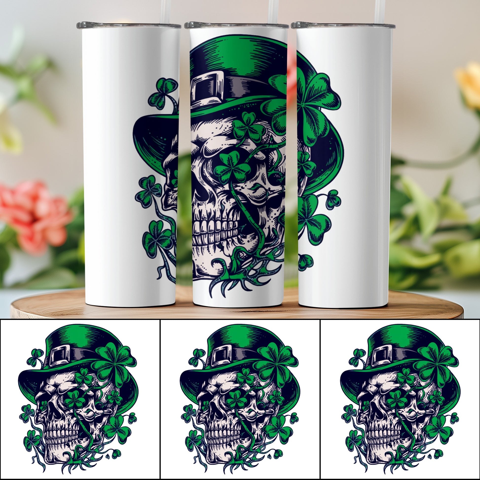 Leprechaun Skull with Shamrocks Tumbler Cup Design