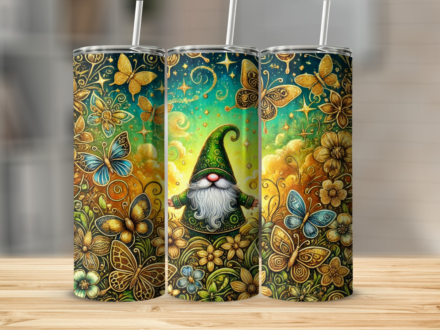 Colorful Gnome and Butterflies Insulated Tumbler Cups