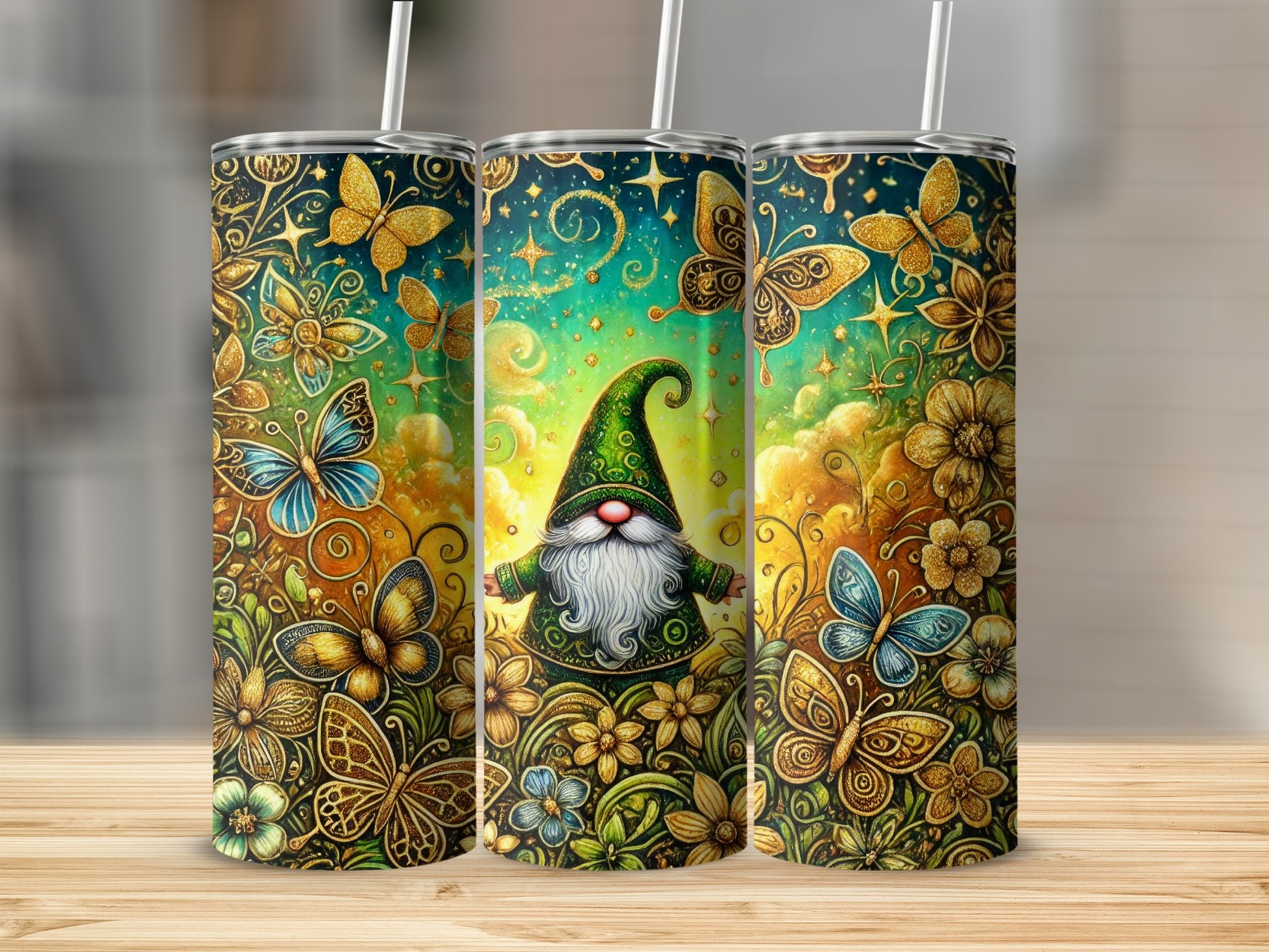 Colorful Gnome and Butterflies Insulated Tumbler Cups