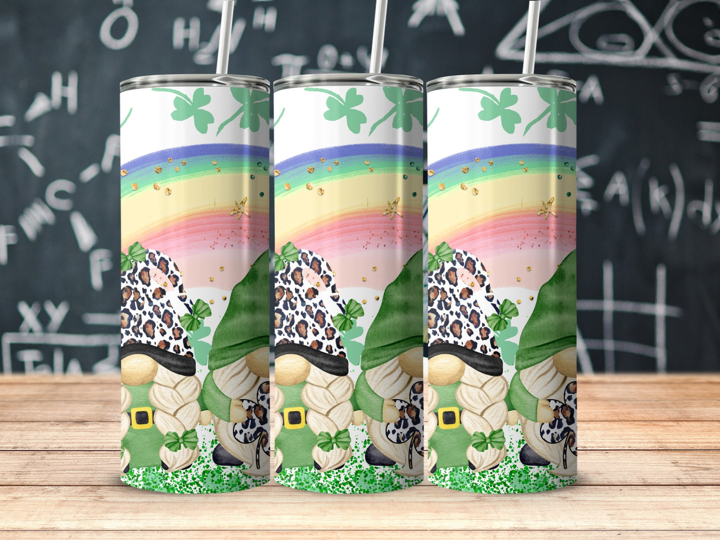 Colorful Gnomes Rainbow and Shamrocks Design Tumbler