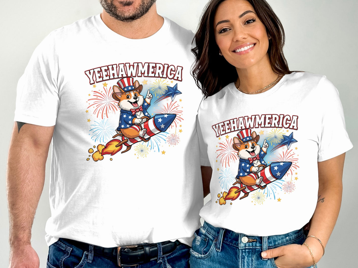 Two people wearing white t-shirts with "Yeehawmerica" and a corgi on a rocket.