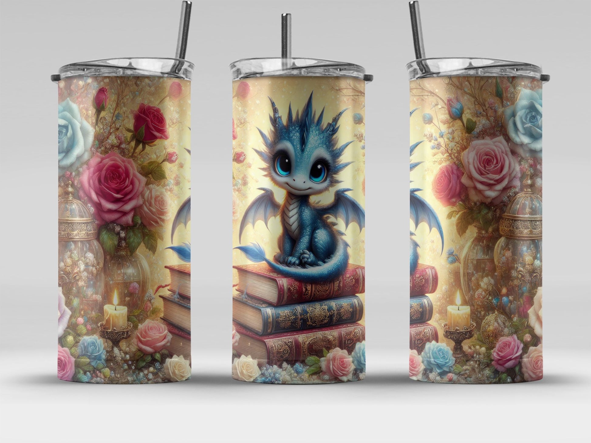 Cute Blue Dragon with Roses and Books Tumbler product