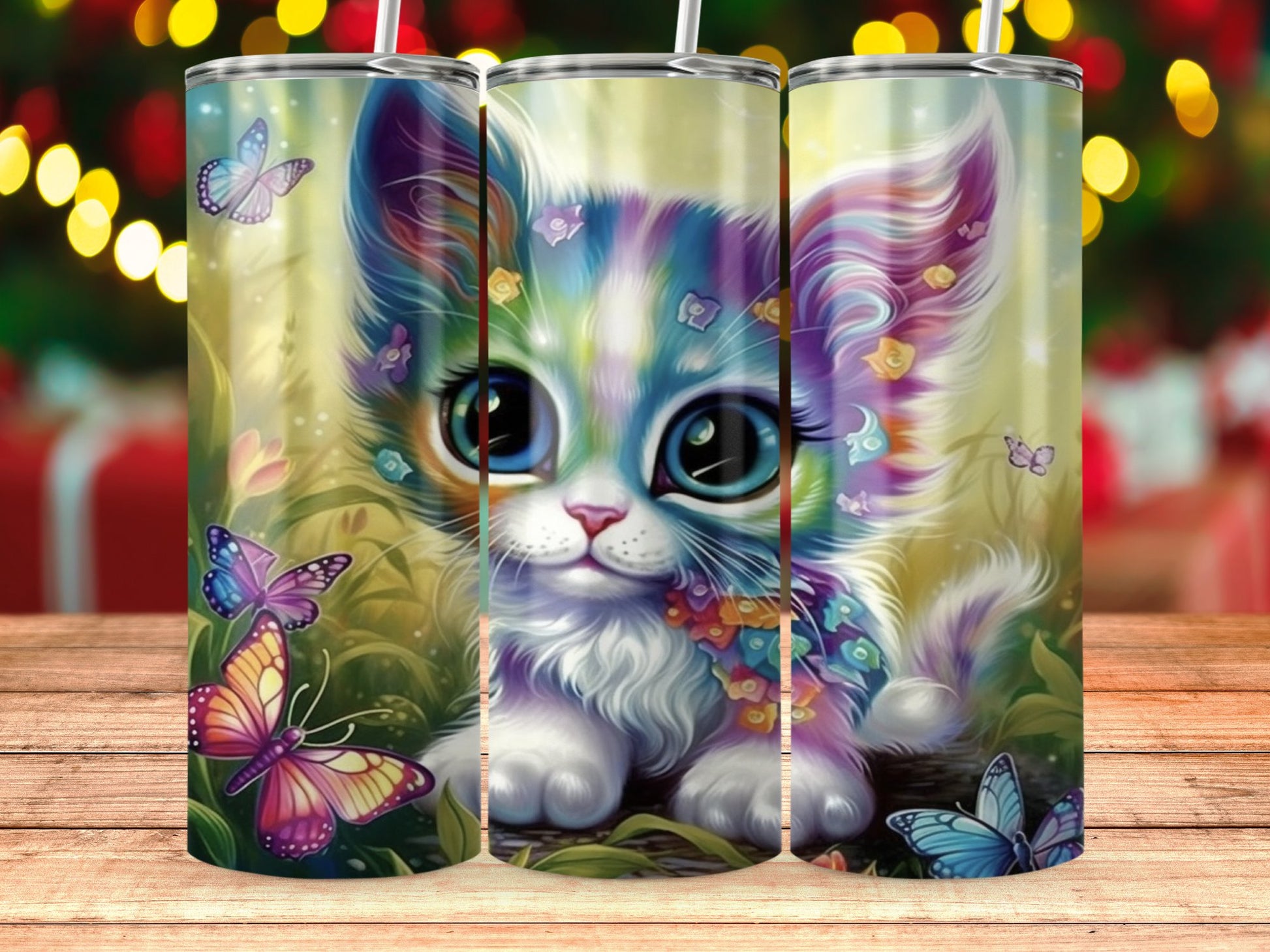 Cute Colorful Kitten with Butterflies Tumbler  product