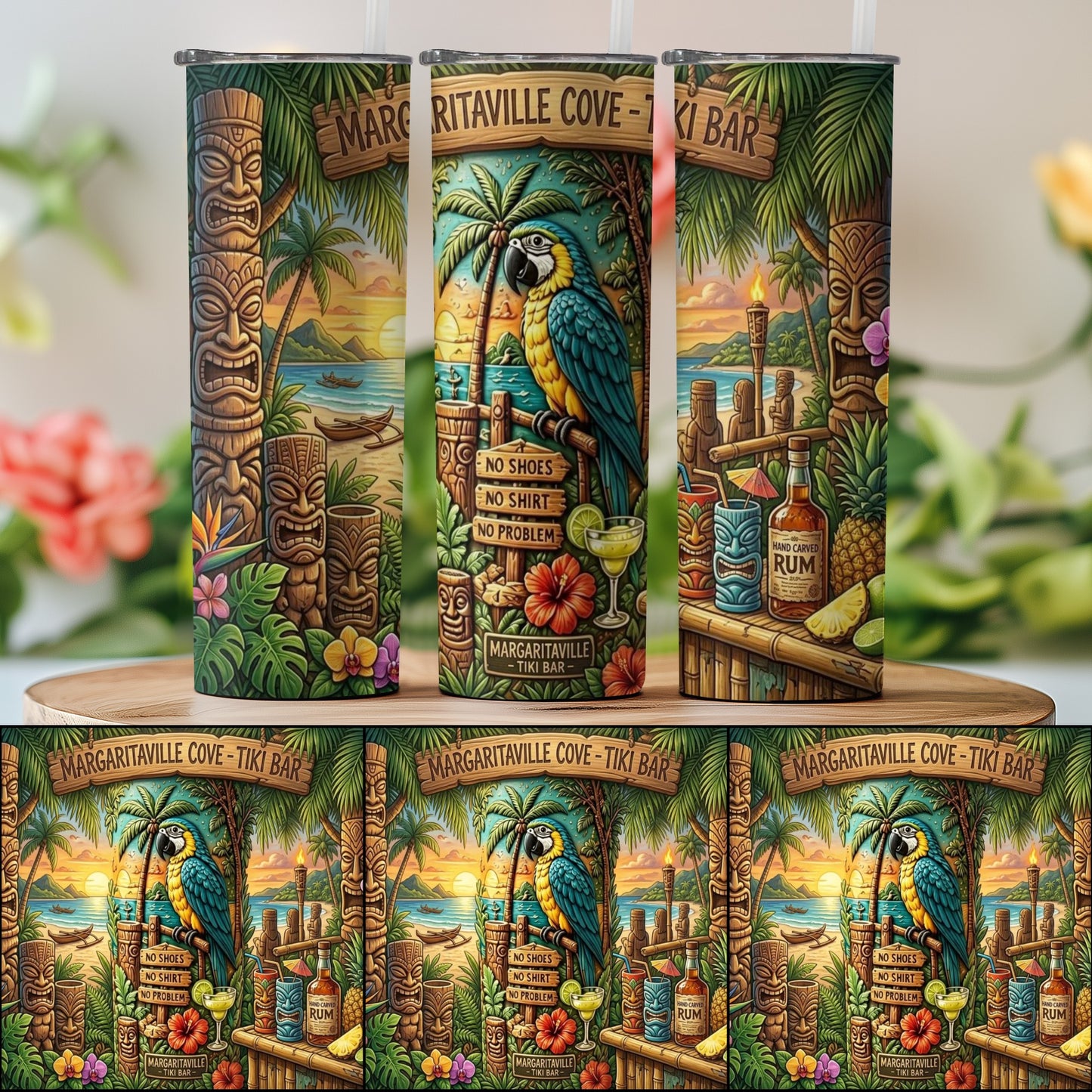 Tiki bar scene with a parrot, beach, and "Margaritaville - Tiki Bar" text.