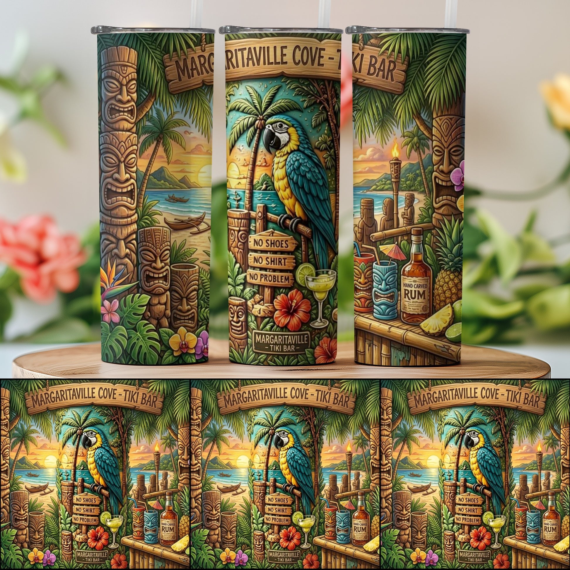 Tiki bar scene with a parrot, beach, and "Margaritaville - Tiki Bar" text.