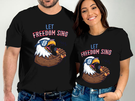 Couple wearing matching t-shirts with an eagle singing the anthem.