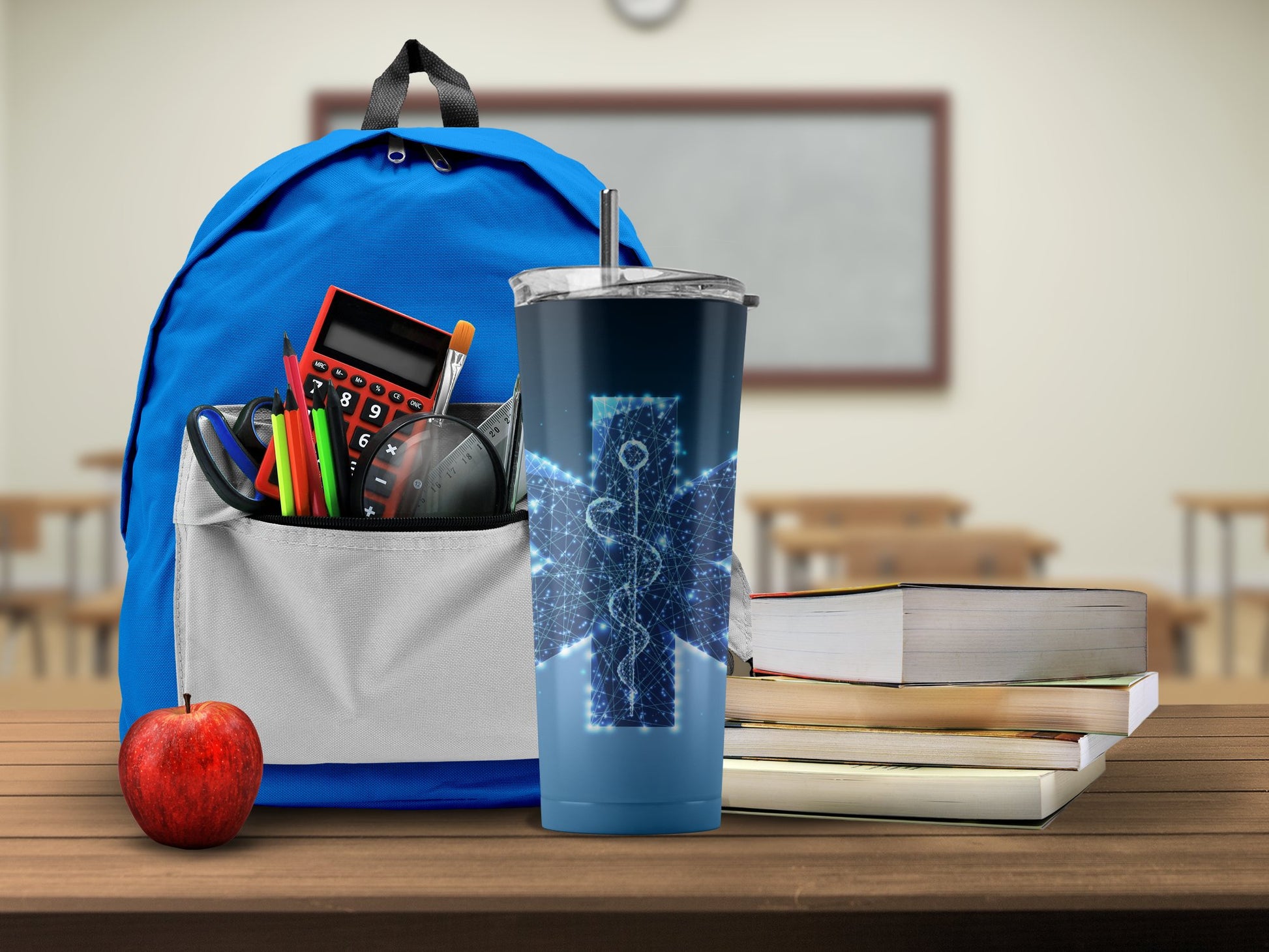 School Supplies with Blue Medical Symbol Product