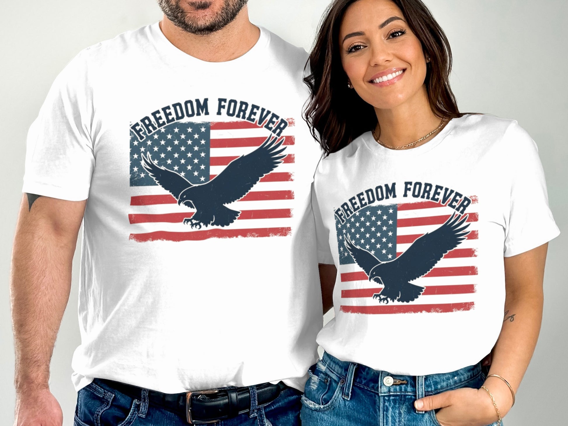 White t-shirts with eagle and American flag graphic, "Freedom Forever" text.