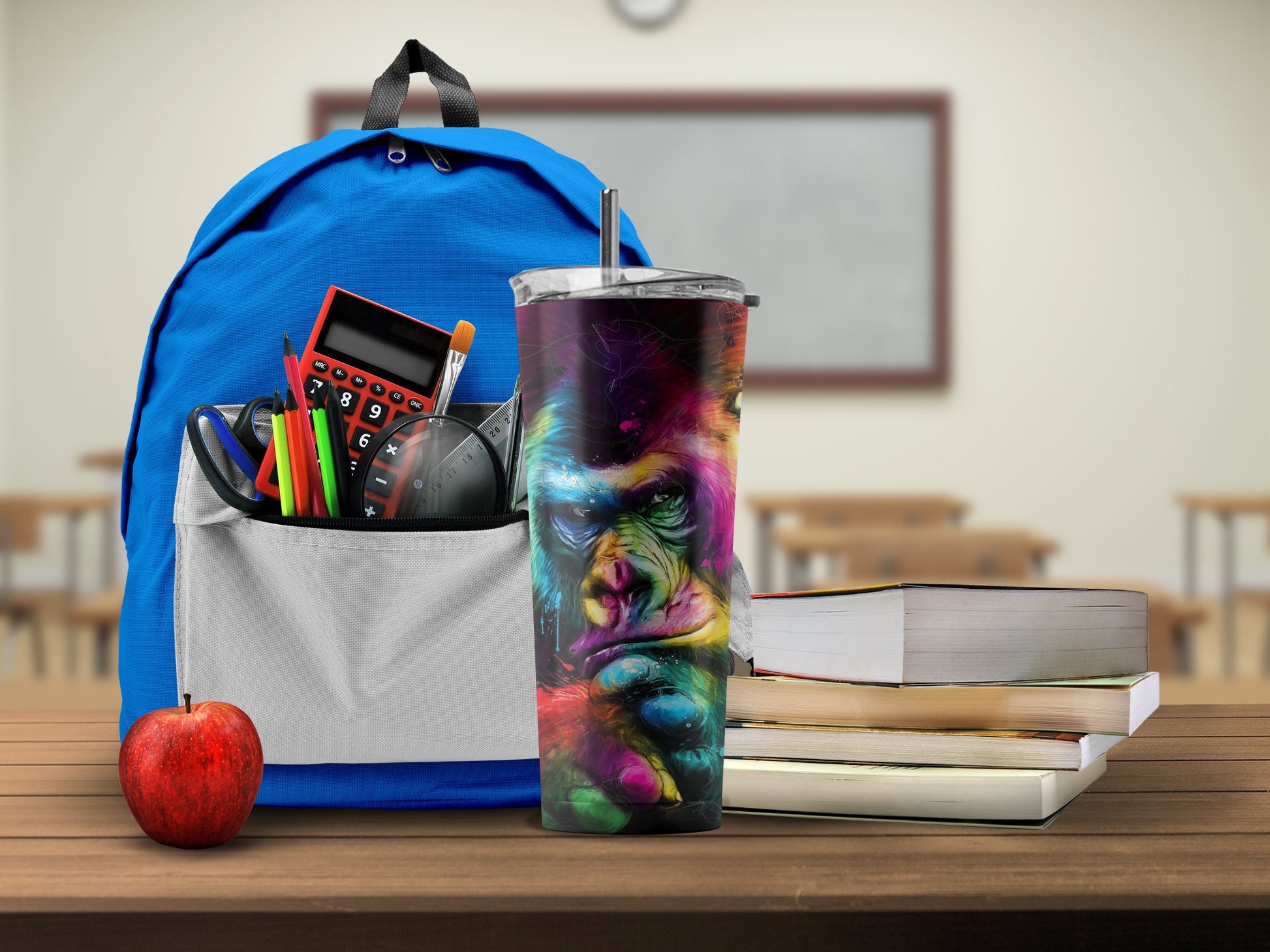Colorful Gorilla Print Tumbler in Classroom Setting product type