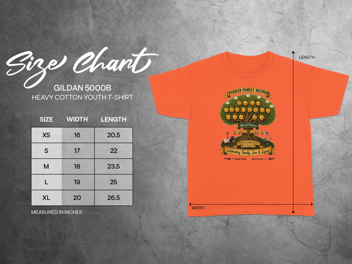 Gildan 5000B youth t-shirt size chart with dimensions.