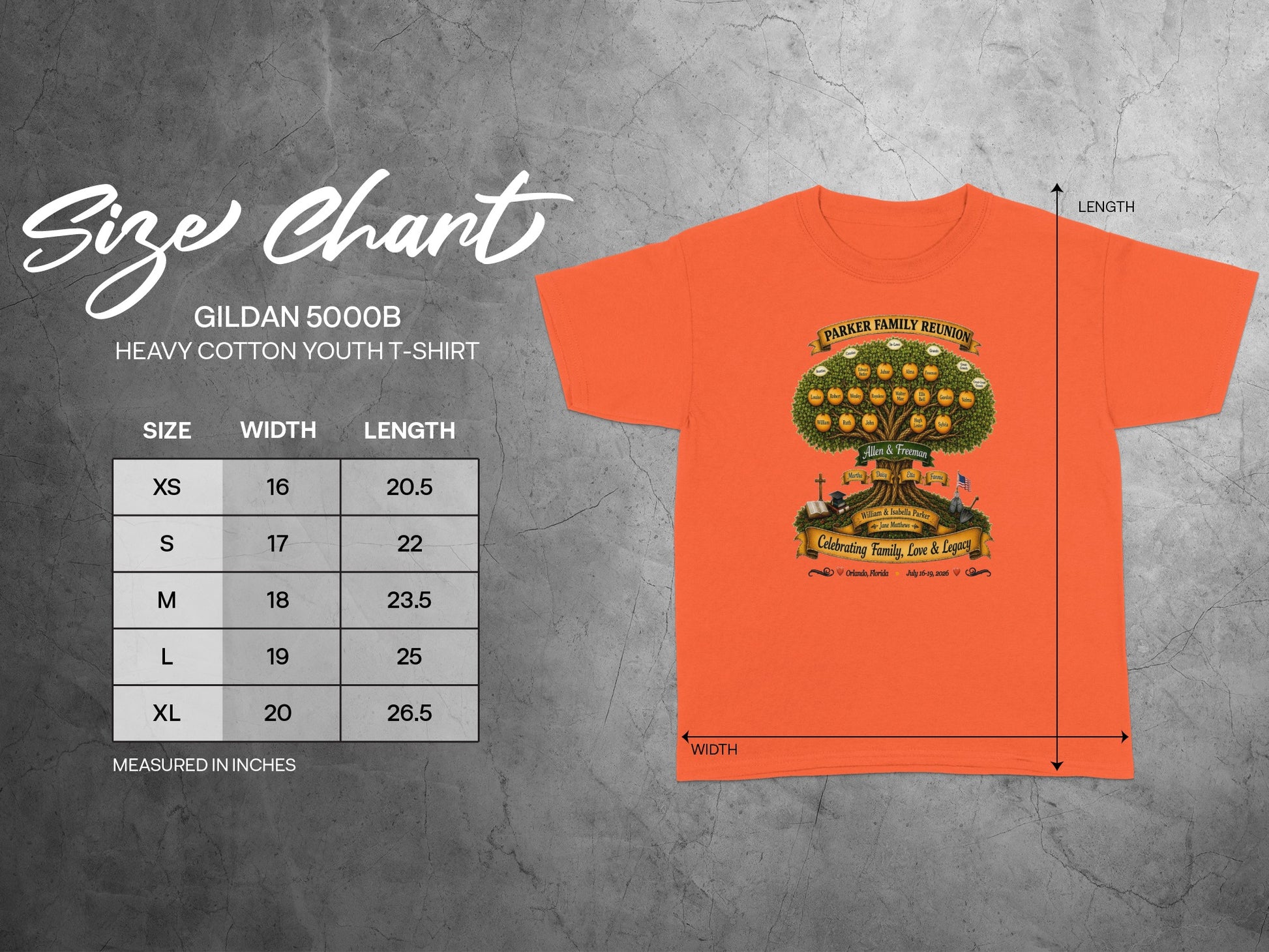 Gildan 5000B youth t-shirt size chart with dimensions.
