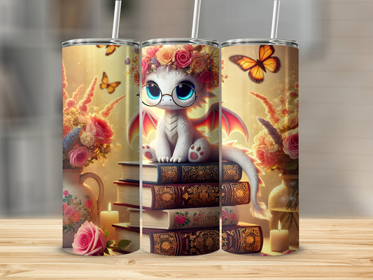 Cute Dragon with Flowers and Books Tumbler product