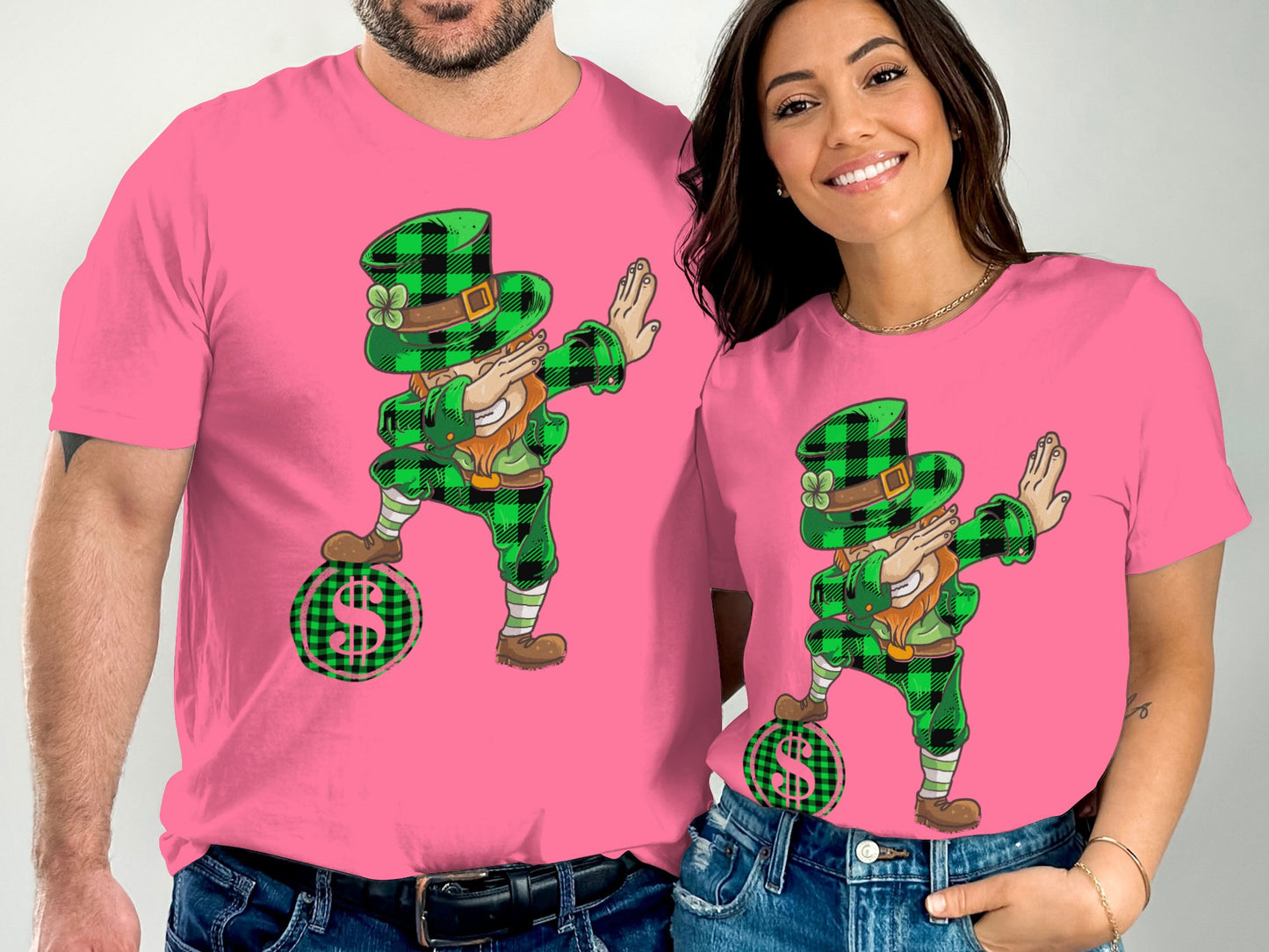 Pink T-Shirt with Dabbing Leprechaun Dollar Sign Print