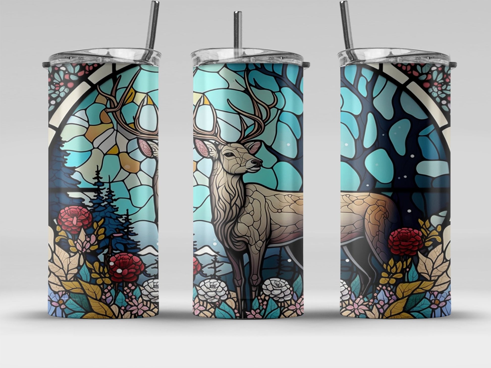 Stained Glass Deer and Floral Design Tumbler product