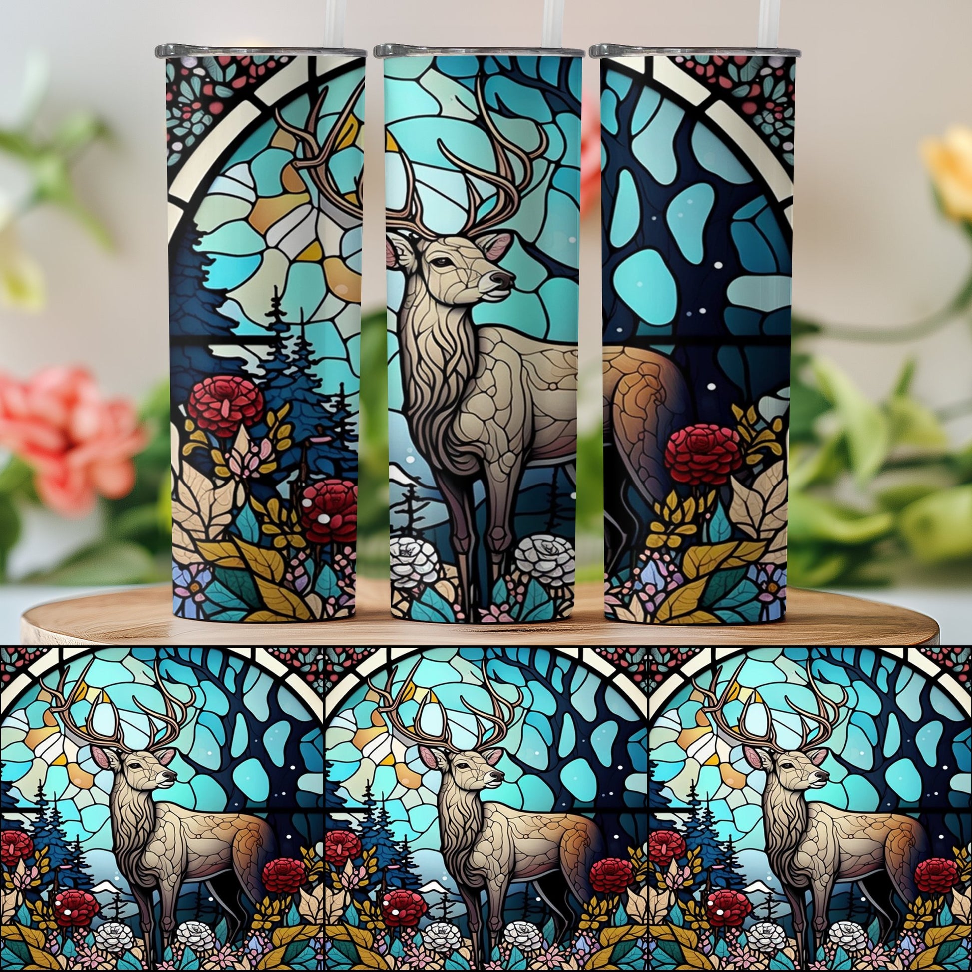 Stag and Floral Stained Glass Art Tumbler product