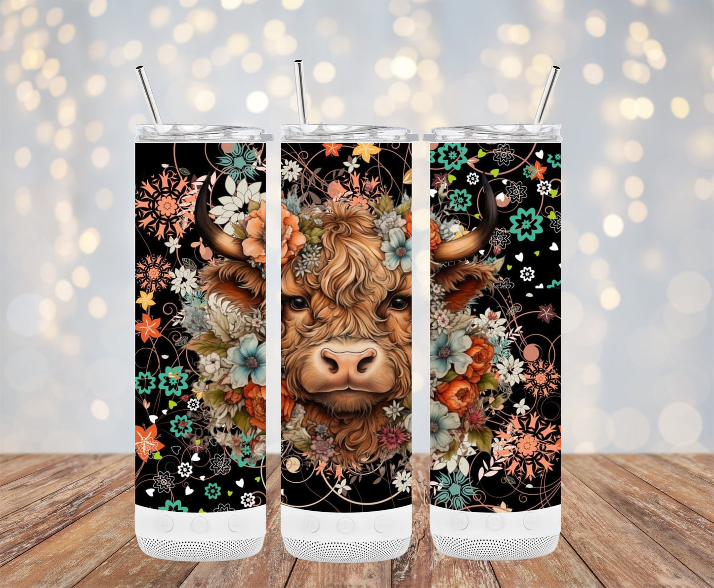 Floral Cow Art on Black Background Tumbler product