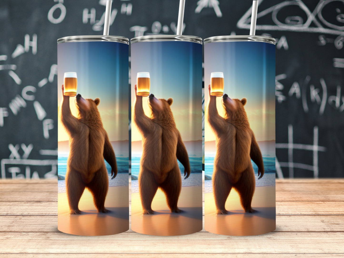 Bear Holding Beer at Beach Scene Tumbler product