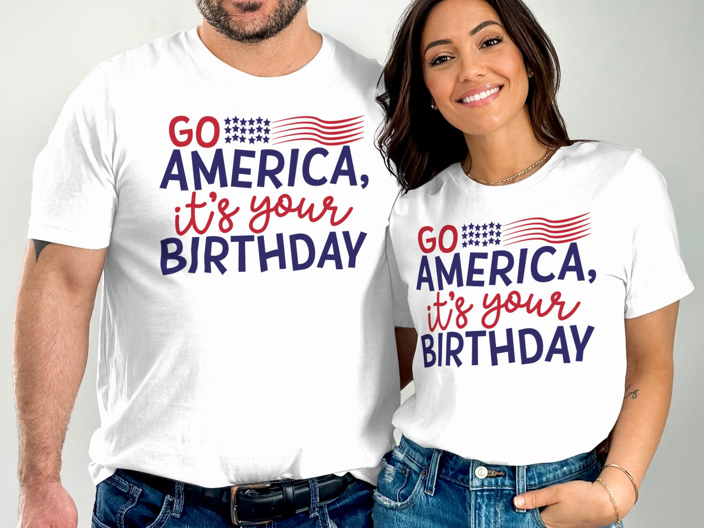 Couple wearing matching "Go America, It's Your Birthday" t-shirts.