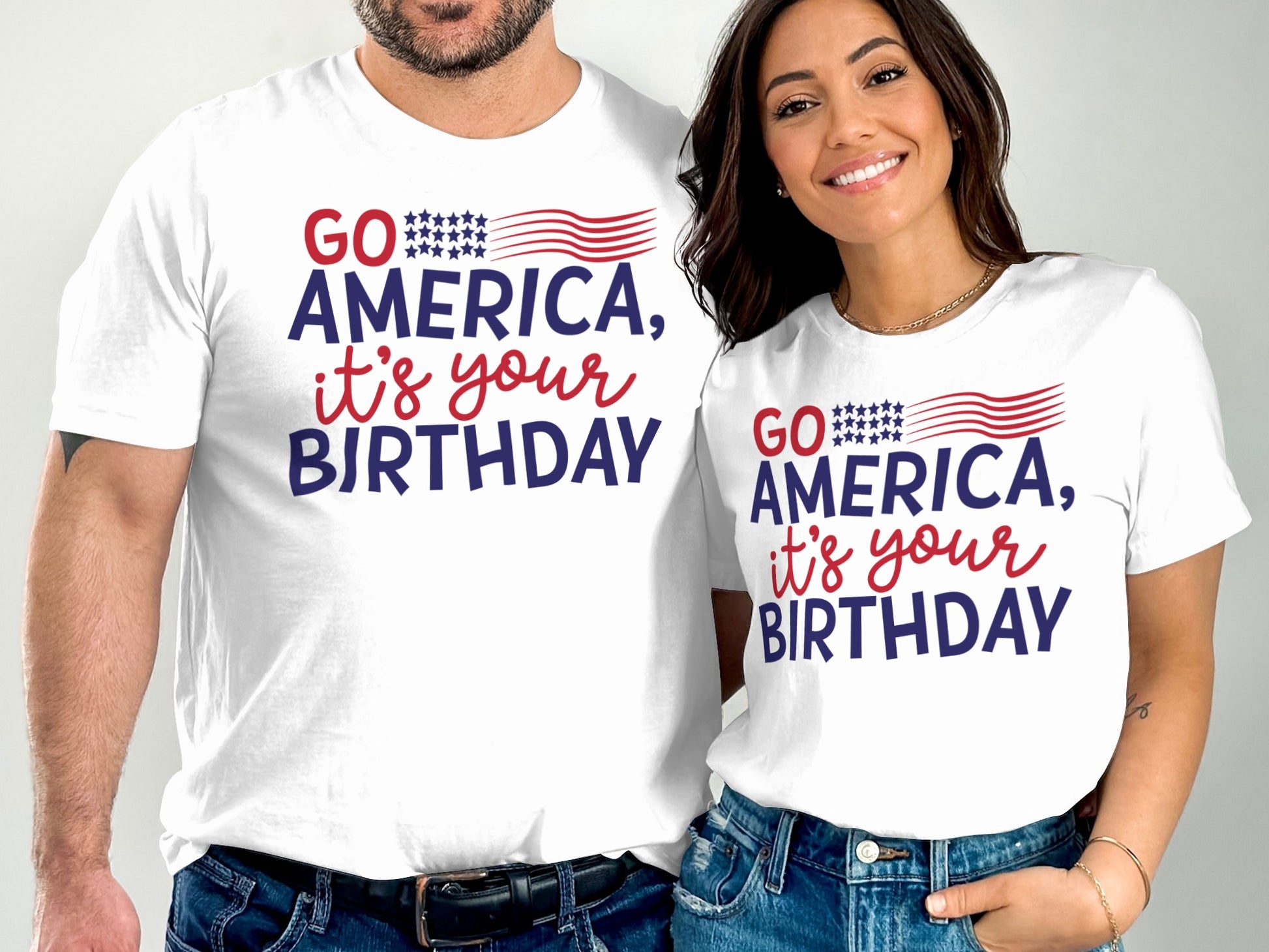 Couple wearing matching "Go America, It's Your Birthday" t-shirts.