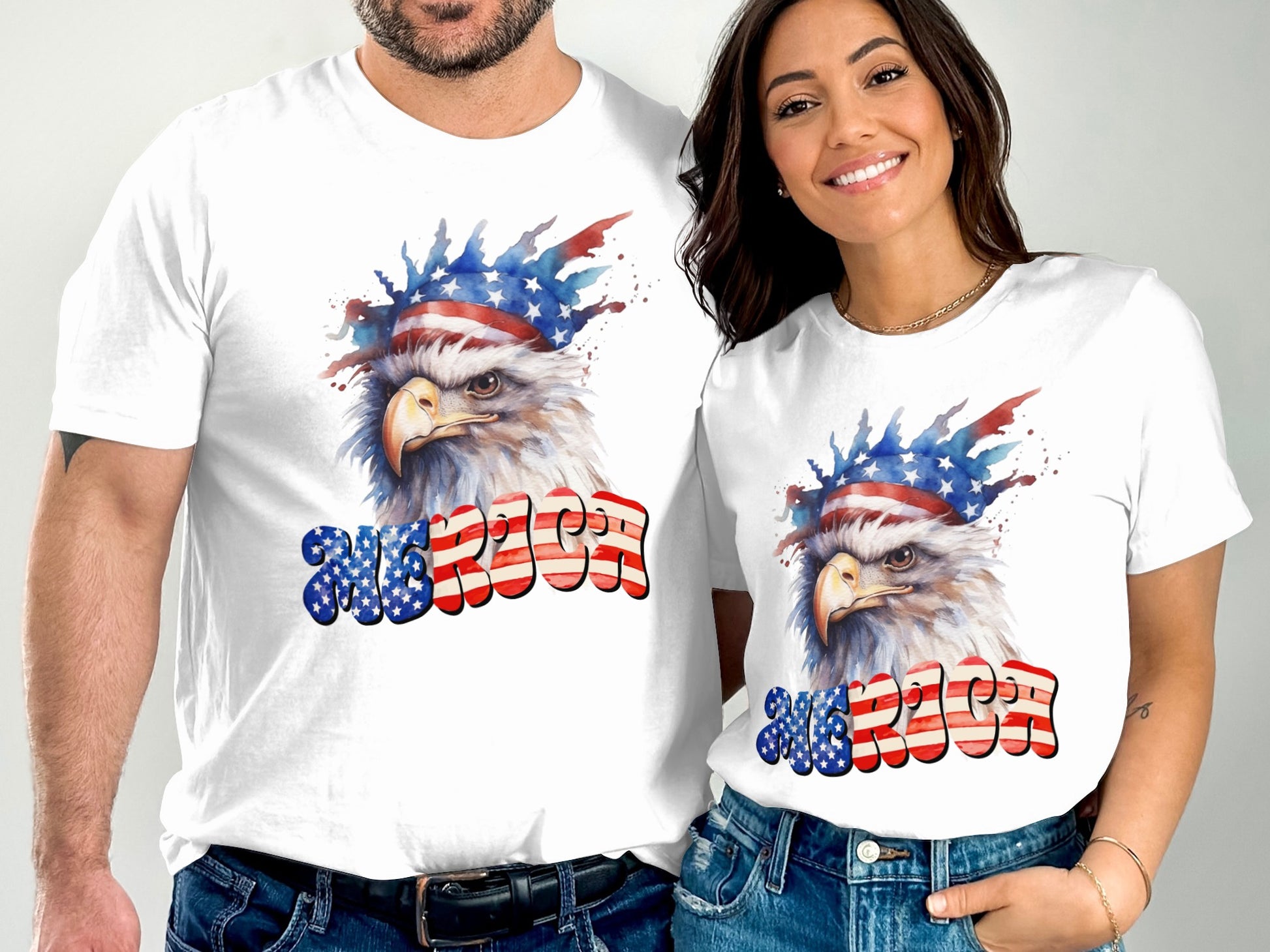 Couple wearing t-shirts with eagle and American flag design.