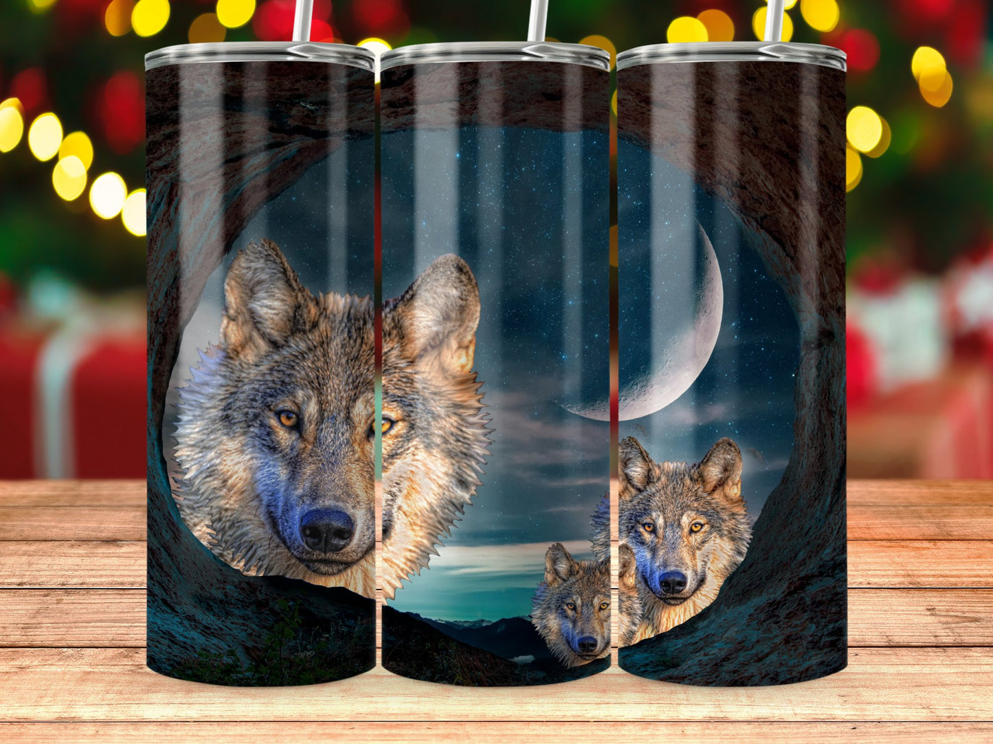Wolves Art with Moon Design Tumbler product type