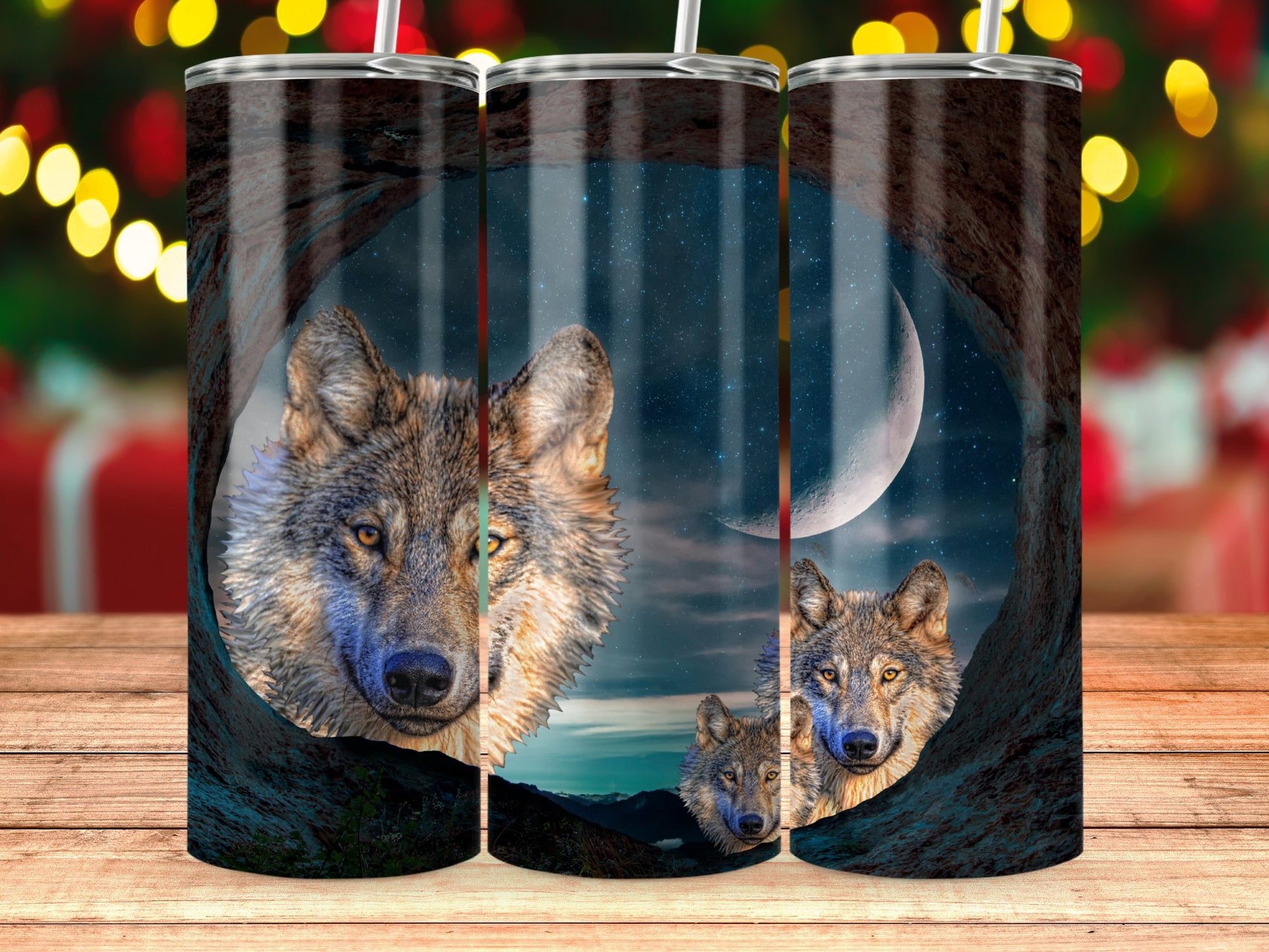 Wolves Art with Moon Design Tumbler product type
