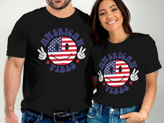 Black t-shirts featuring a smiling American flag smiley face with "American Vibes" text.