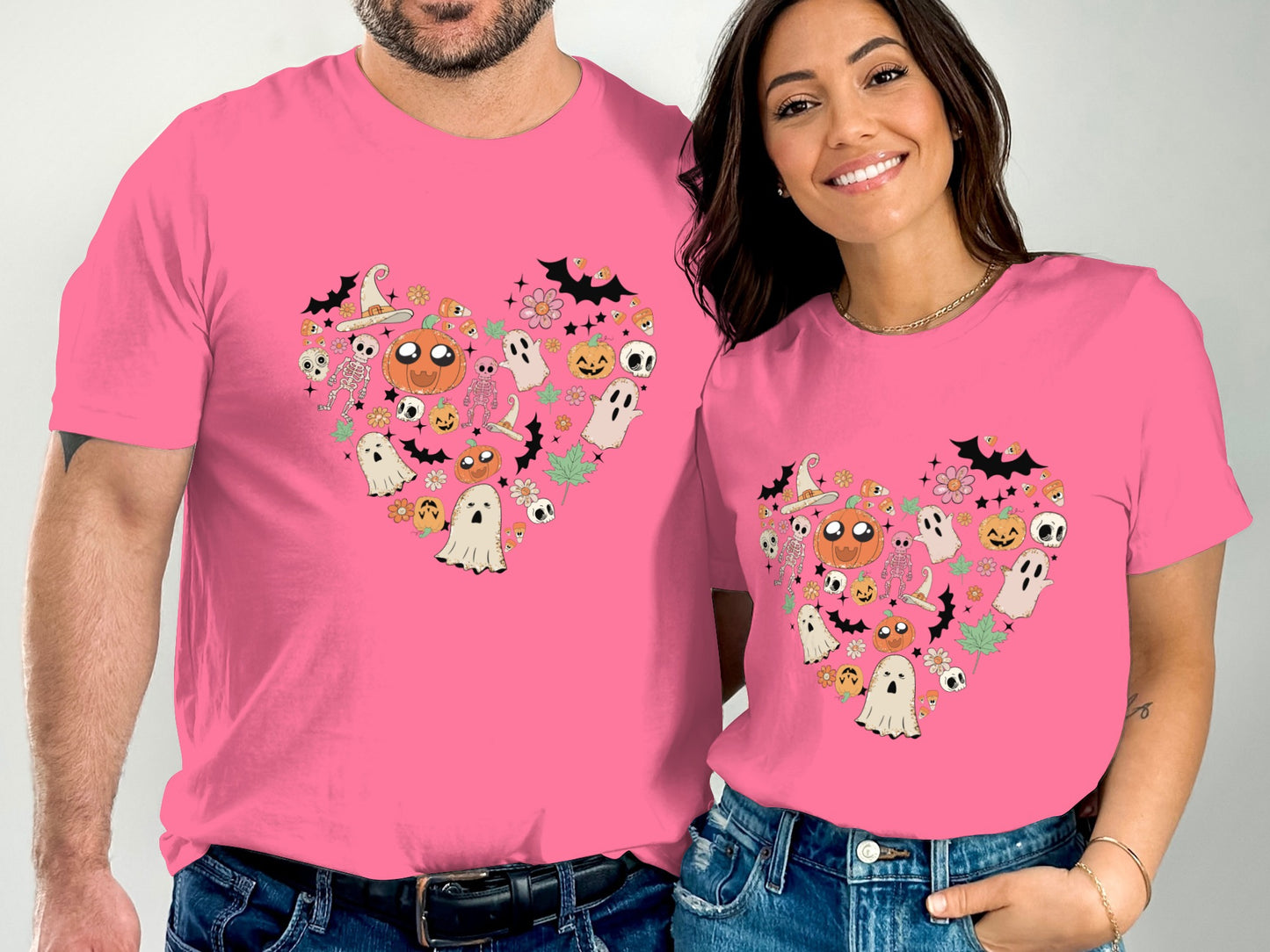 Bright Pink Halloween Themed Couple T-Shirts product type