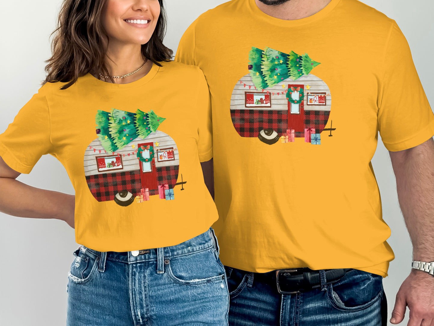 Festive holiday camper graphic couple matching shirt