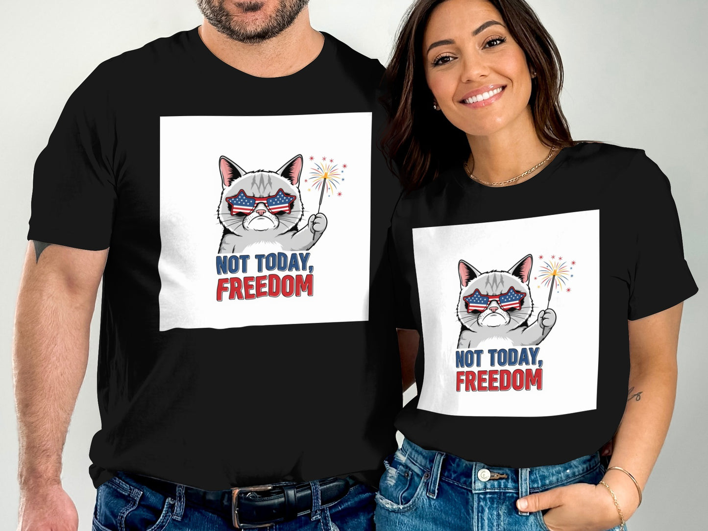 Black t-shirts with patriotic cat graphic: "NOT TODAY, FREEDOM".