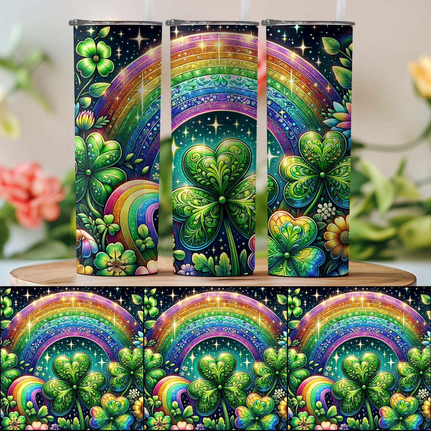 Rainbow Shamrock and Clover Artwork Tumbler Set
