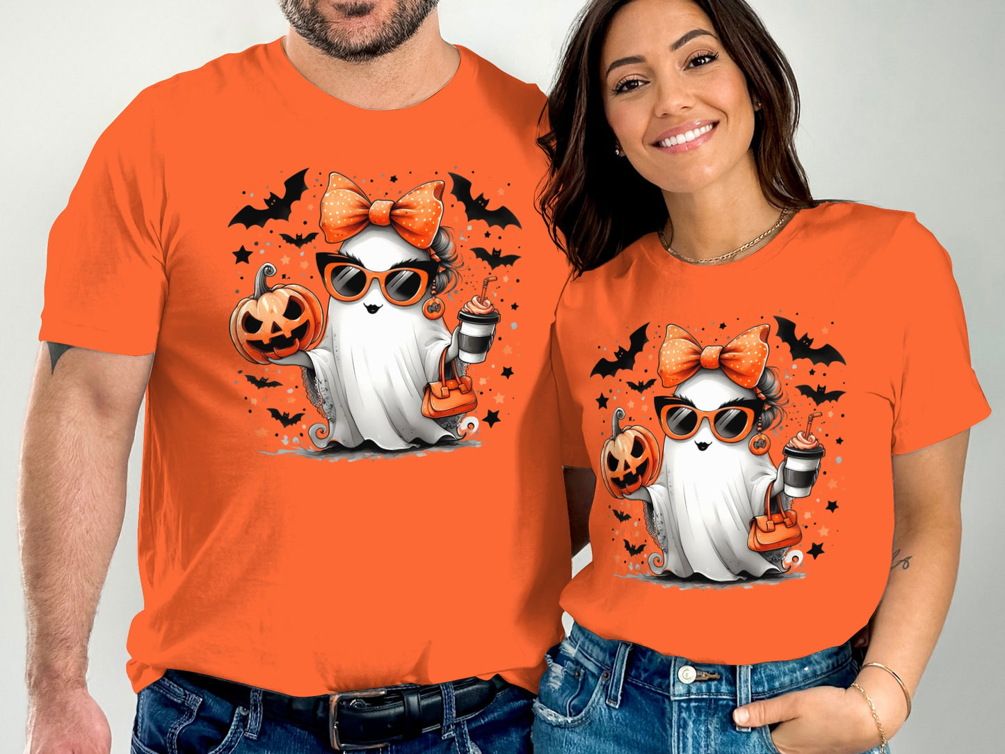 Halloween Ghost with Coffee in Orange T-Shirt product type