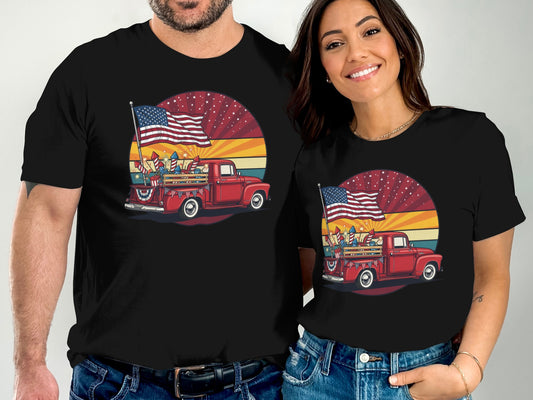 Red truck with American flags and fireworks, on two black t-shirts.