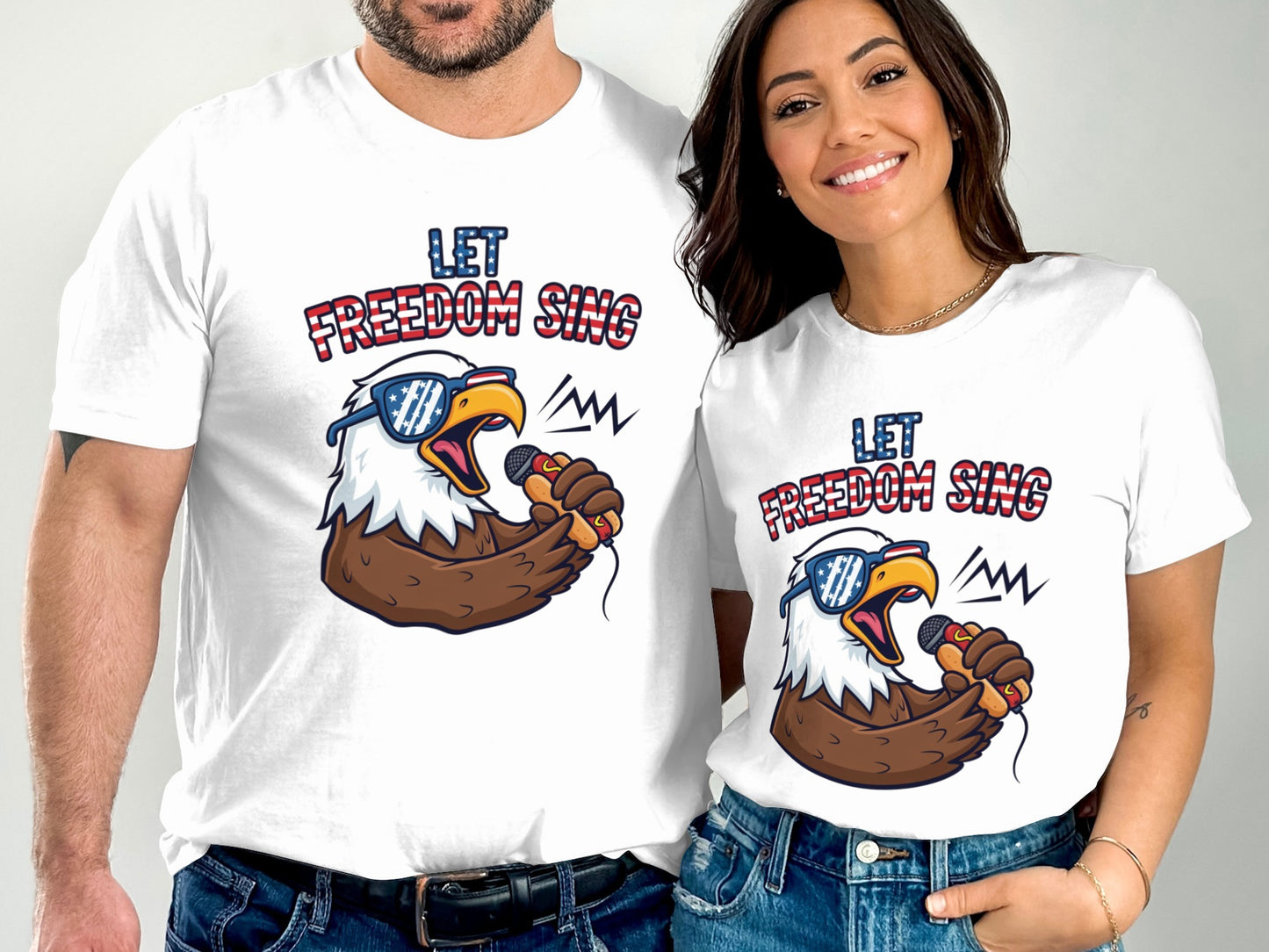 Couple wearing matching white t-shirts with an eagle singing into a microphone.