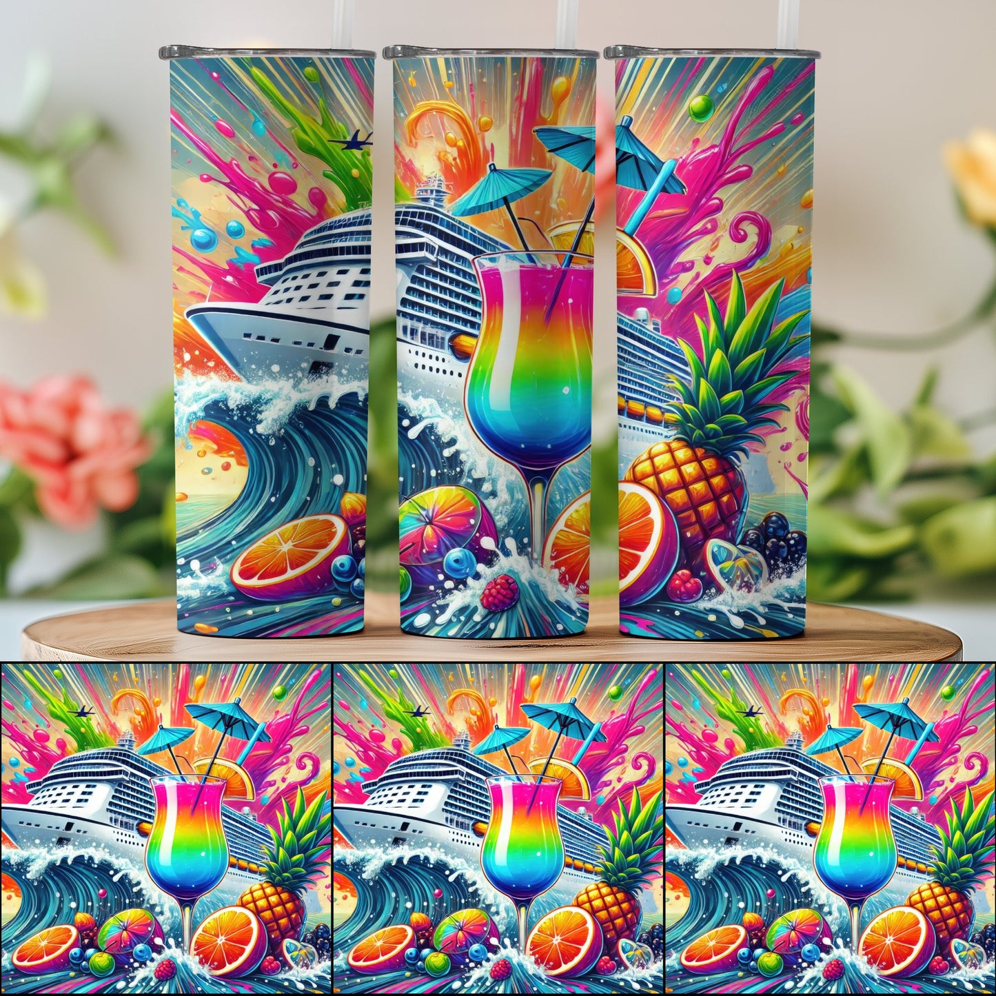 Vibrant Cruise Ship and Cocktail Art Tumbler product