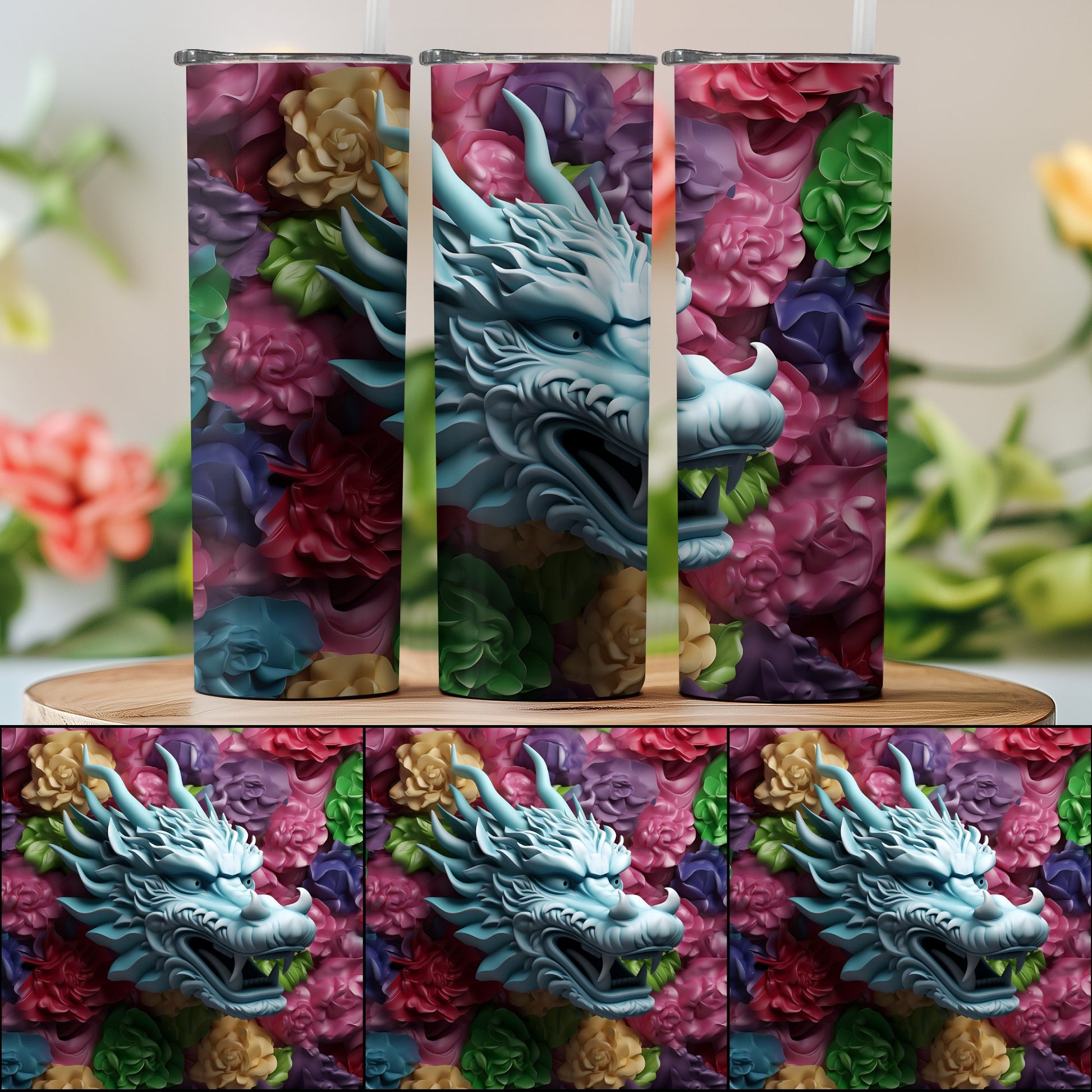 Colorful Floral Dragon Design Insulated Tumbler product
