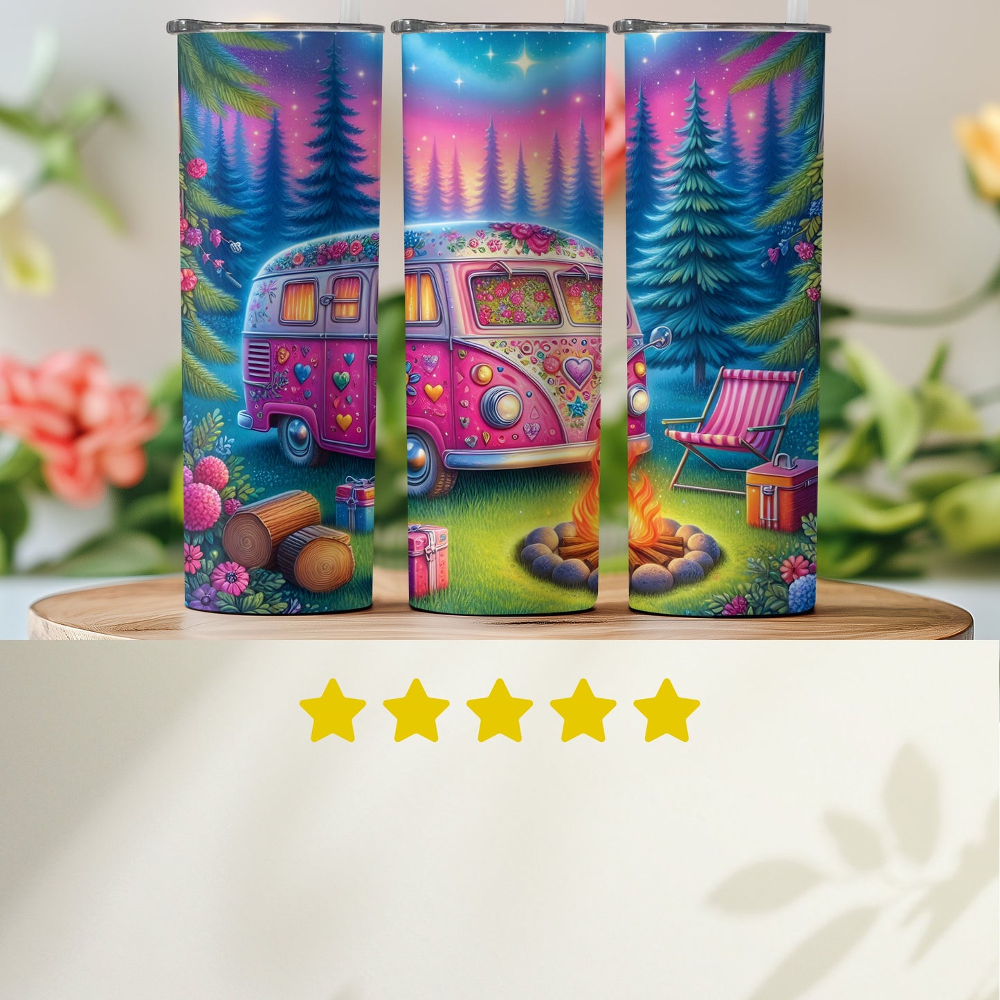 Colorful Camper Tumbler With Campfire and Trees product