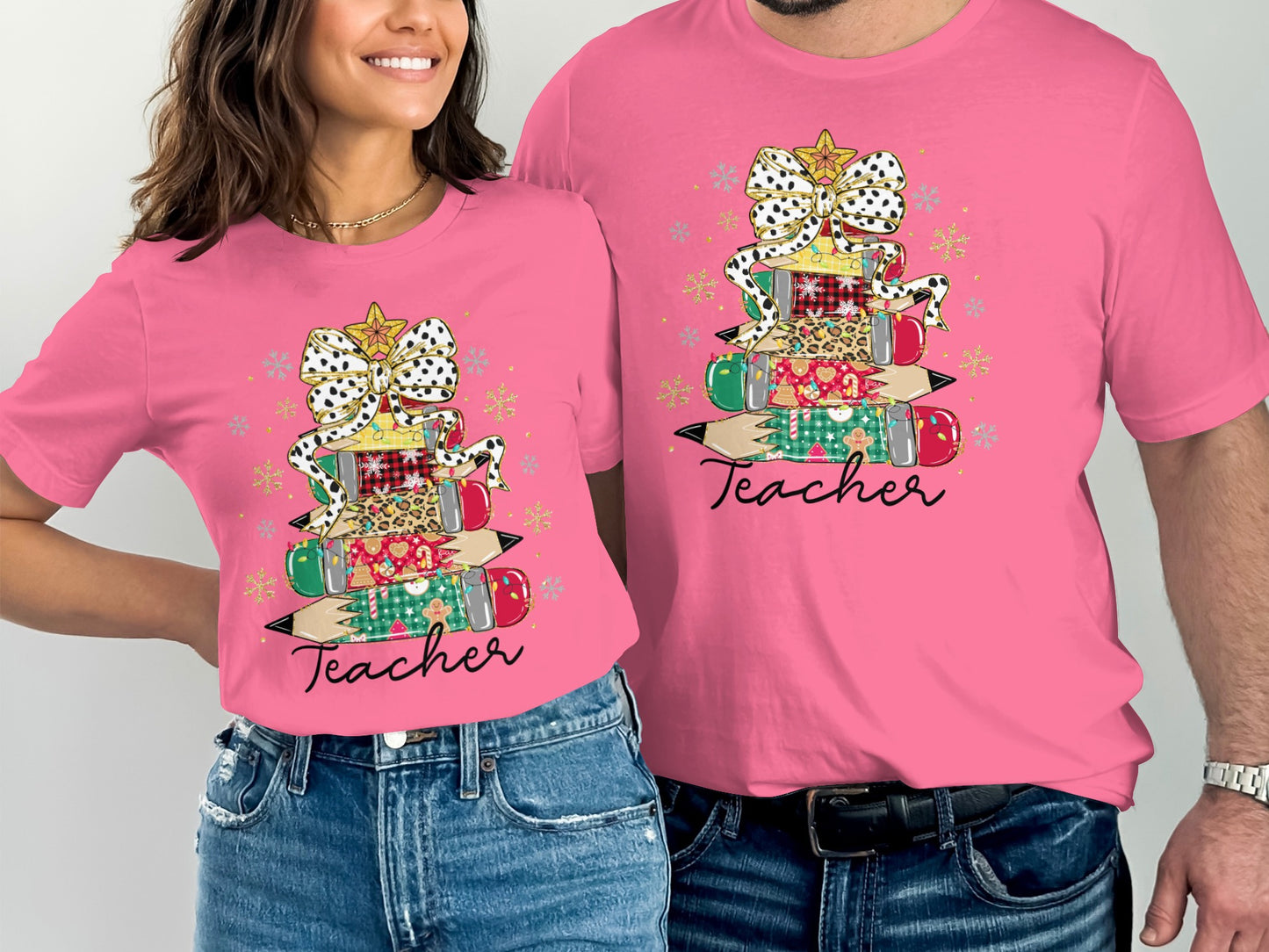 Christmas Teacher T-Shirt with Stack of Books Design