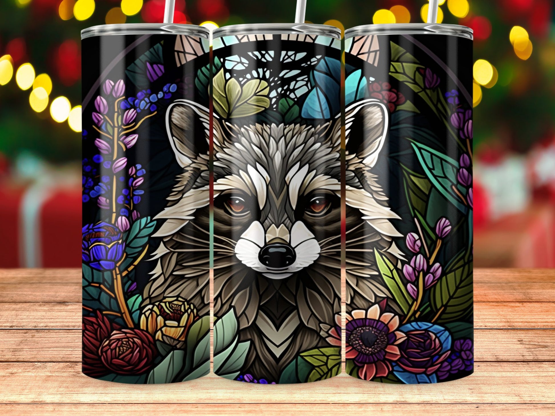 Vibrant raccoon design multicolor flower tumbler product