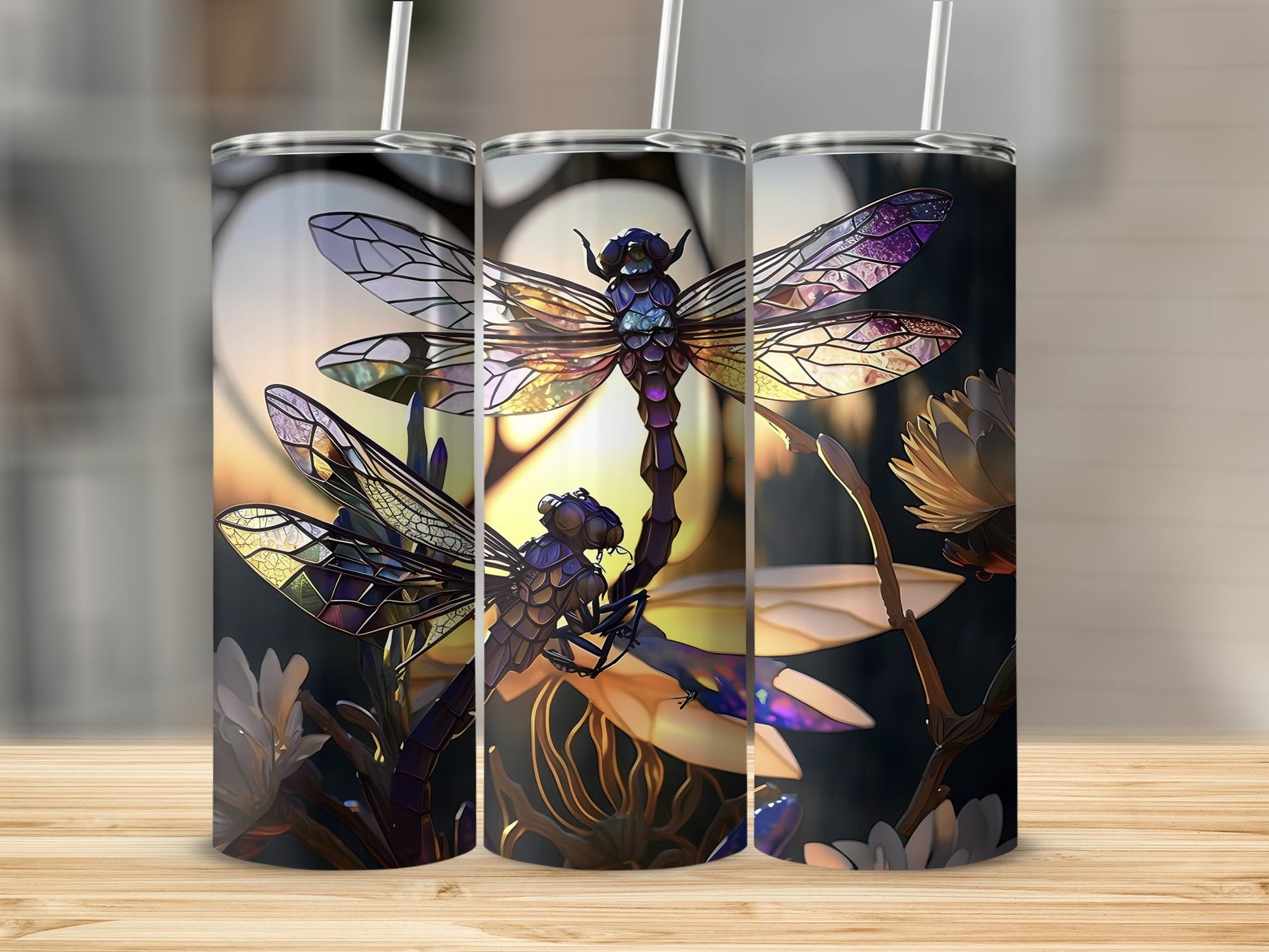 Stained Glass Dragonfly Sunset Design Tumbler product type