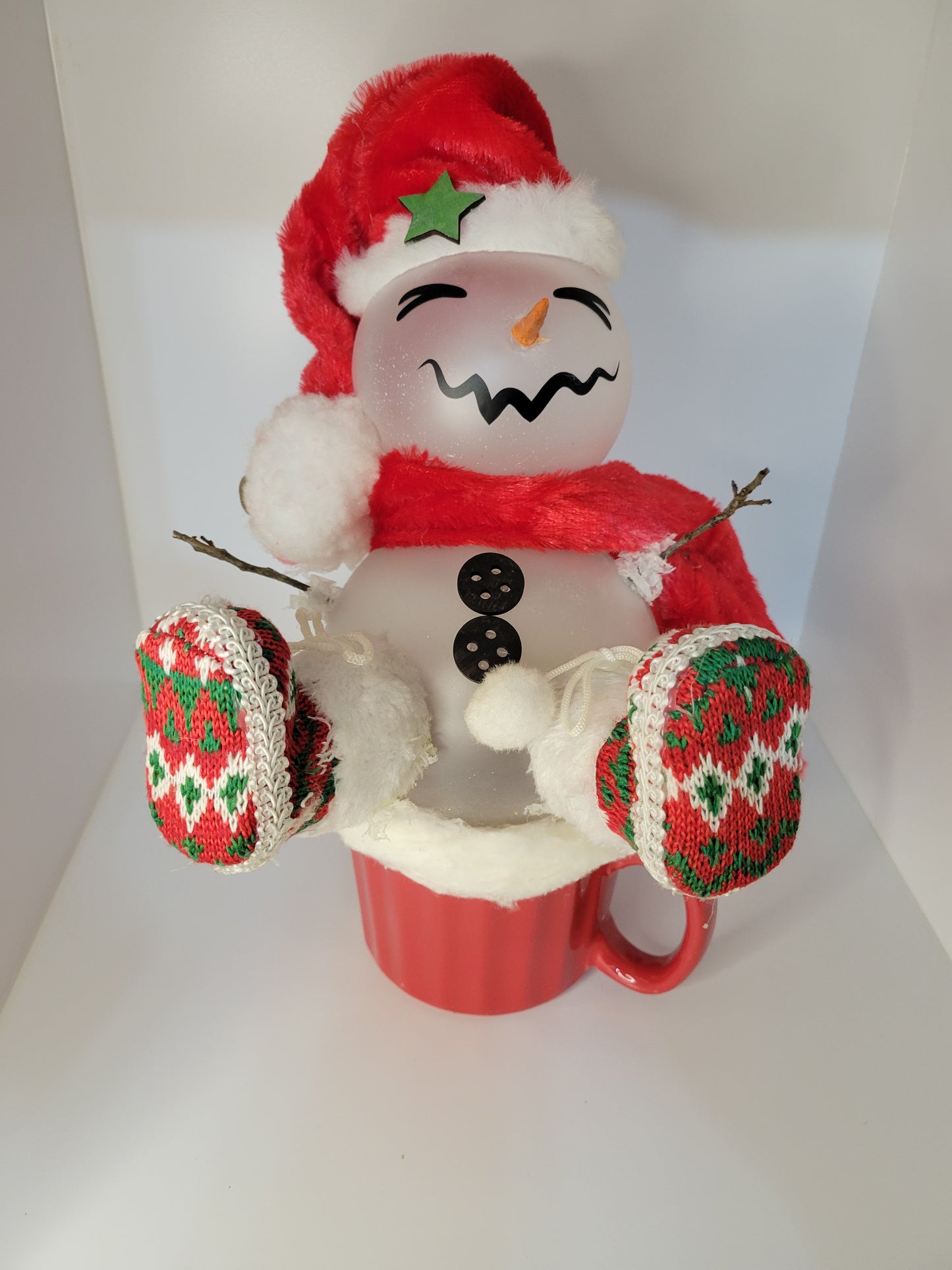 Festive Snowman Figure in Red Cup for Holiday Decor