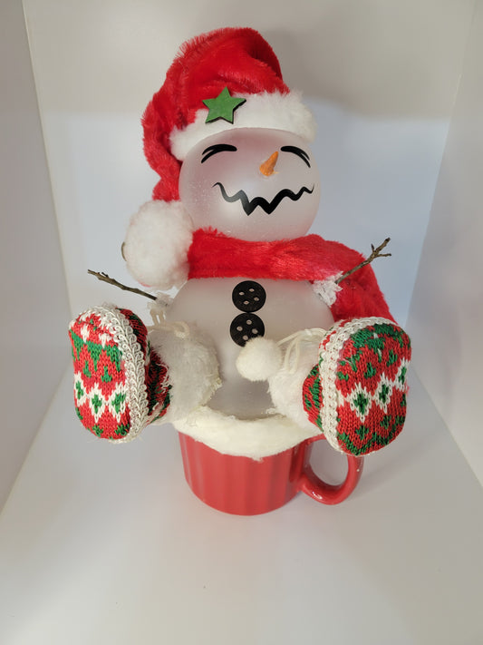 Festive Snowman Figure in Red Cup for Holiday Decor