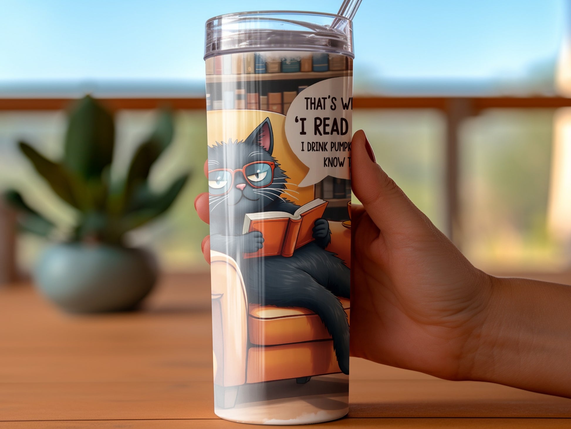 Cat Drinking Pumpkin Spice Reading Book Tumbler