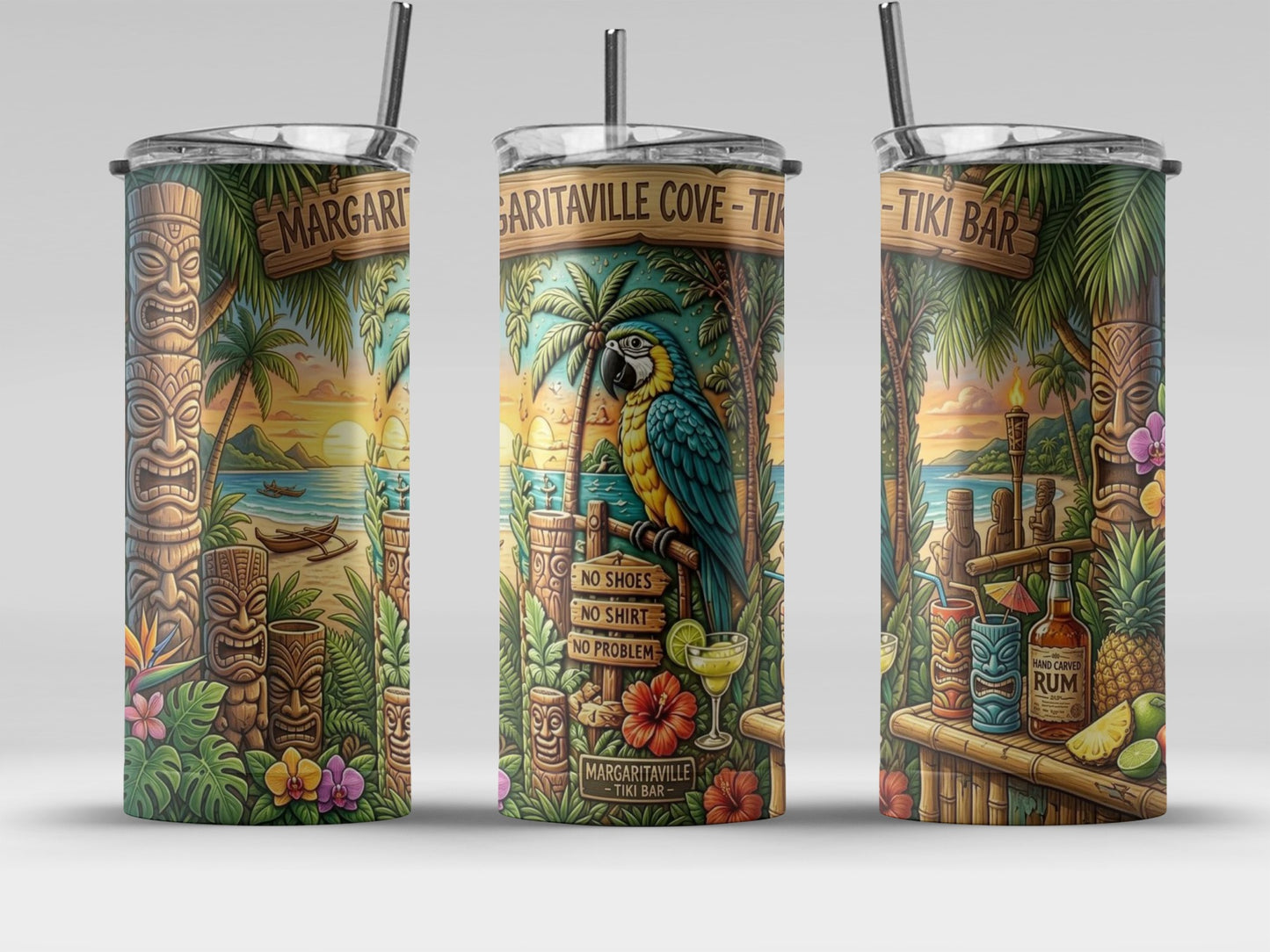 Tiki bar design with parrots, tiki masks, and rum bottle on a tumbler.