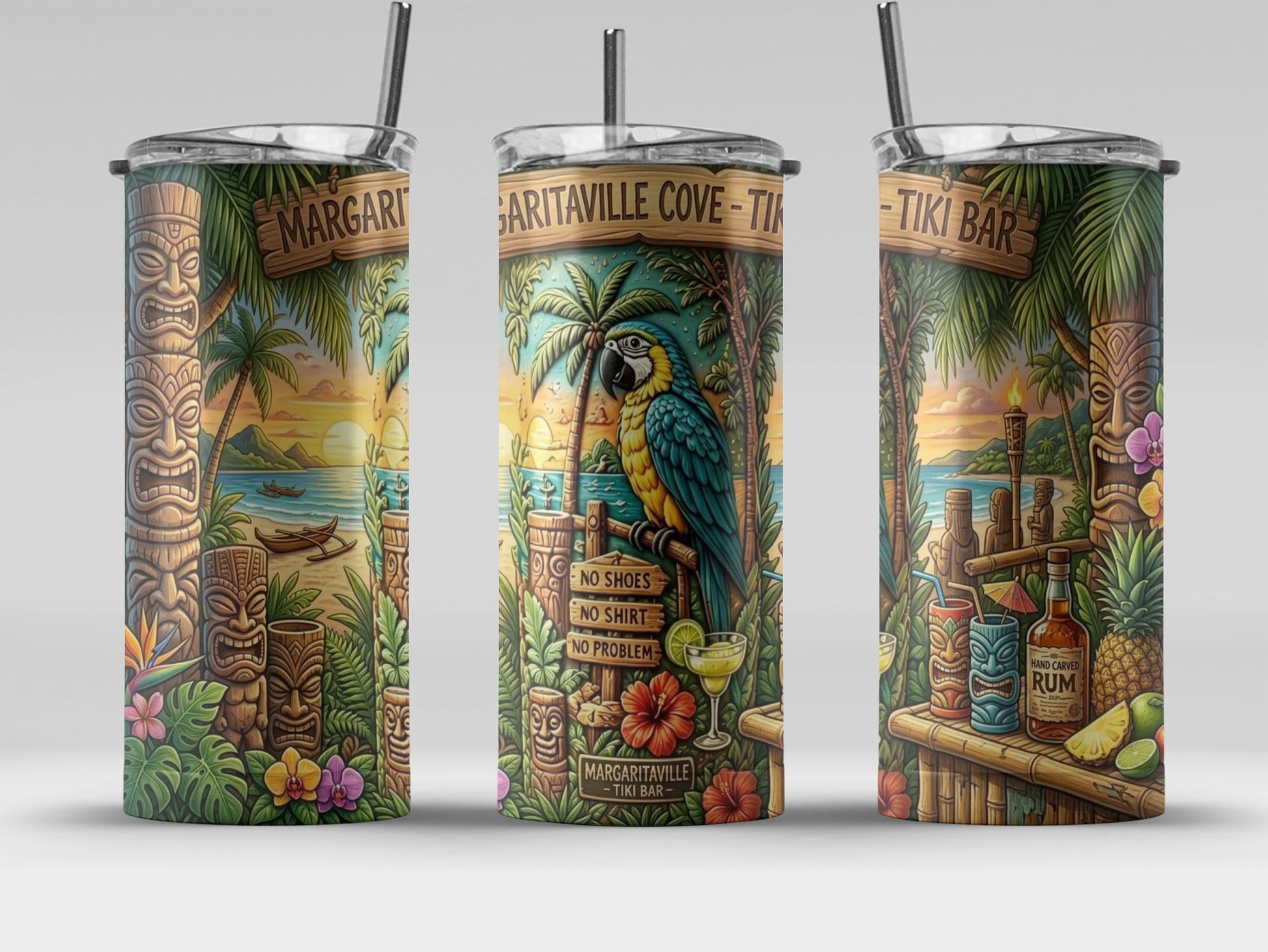 Tiki bar design with parrots, tiki masks, and rum bottle on a tumbler.