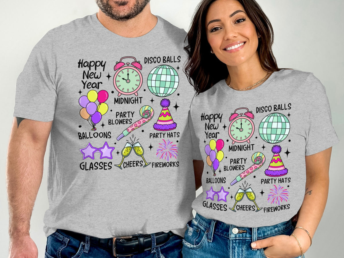 Happy New Year Disco Balls Balloons Fireworks shirts