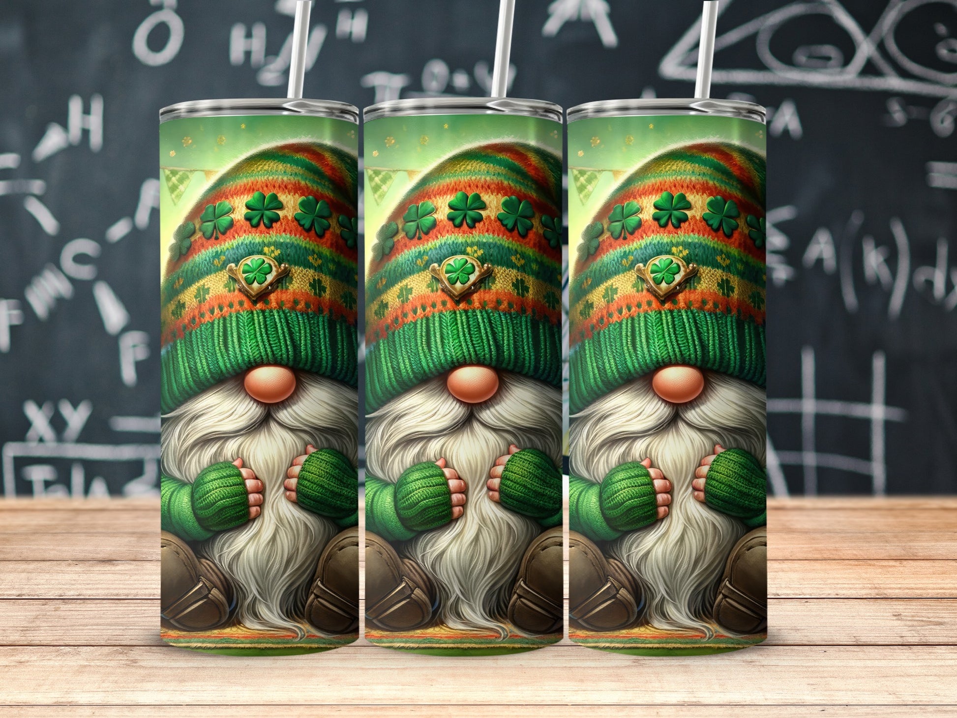 Festive Gnome with Clover Hat Skinny Tumbler Product